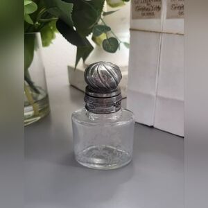 Vintage Etched Glass Bottle Hinged Pewter Lid Perfume Inkwell Vanity Decorative